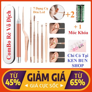 Bộ 7 Lấy Ráy Tai Có Đèn LED Bằng Thép Không Gỉ Màu Vàng Hồng Chất Lượng Cao [ FULLBOX ] Tặng Kèm 2 Pin AAA + 1 Móc Khóa