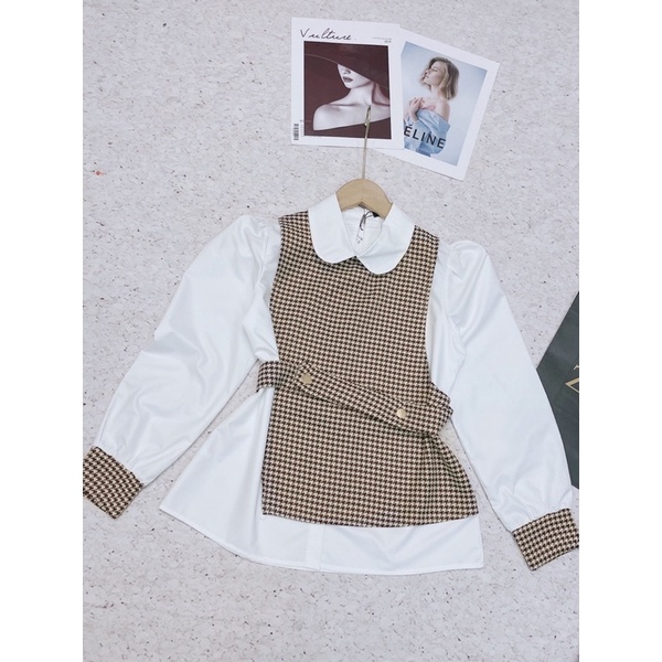 ÁO SƠ MI PHỐI DẠ NÂU ĐAI EO CÚC ĐỒNG | BigBuy360 - bigbuy360.vn