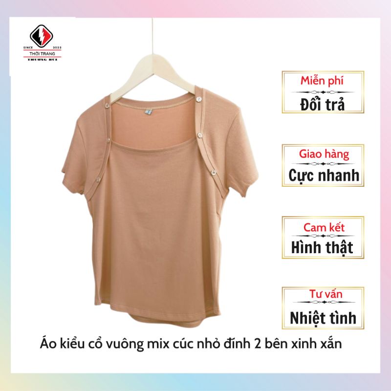 Áo thun kiểu nữ cổ vuông 6 cúc đính cố định đối xứng 2 bên cực đẹp 4 màu đen, trắng, ghi, nâu
