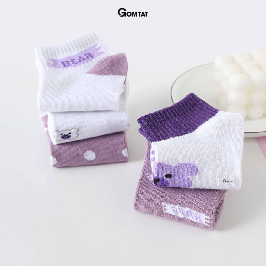 Set 5 đôi tất nữ cổ ngắn hình gấu GOMTAT thời trang hàn quốc, chất liệu cotton kháng khuẩn, dày dặn êm ái  -CB079