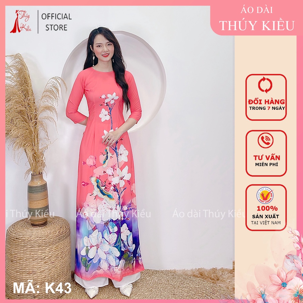 Áo dài truyền thống nữ thiết kế may sẵn tết cách tân nữ nền hồng hoa đào K43 Thúy Kiều mềm mại co giãn áo dài giá rẻ