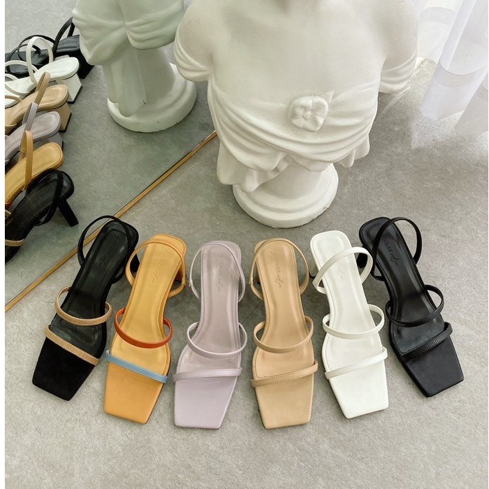 Giày sandal cao gót quai ngang 2 dây mảnh gót dẹp cao 6cm mũi vuông thời trang