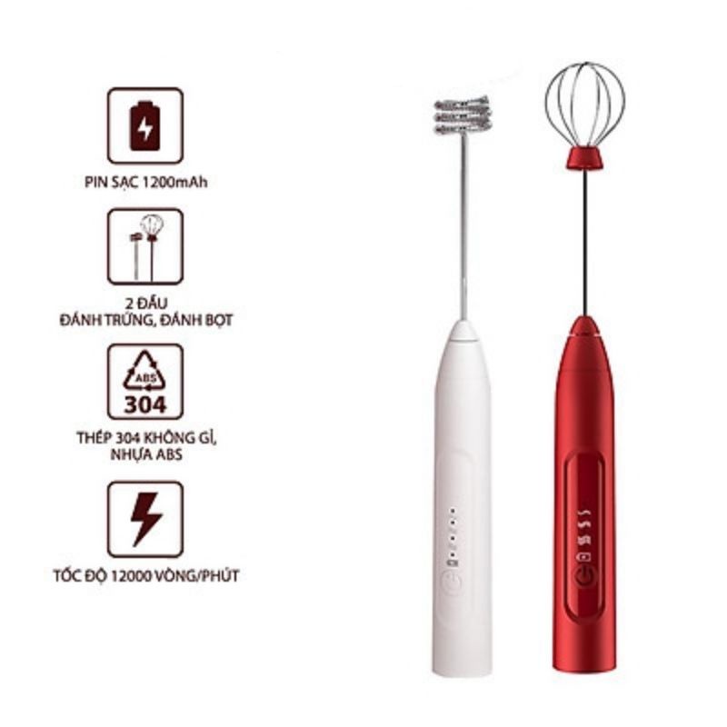 Máy Đánh Trứng Sữa Tạo Bọt Cafe Cầm Tay Mini Pin Sạc Cao Cấp - Nhựa ABS, thép không gỉ - Hàng Chính Hãng