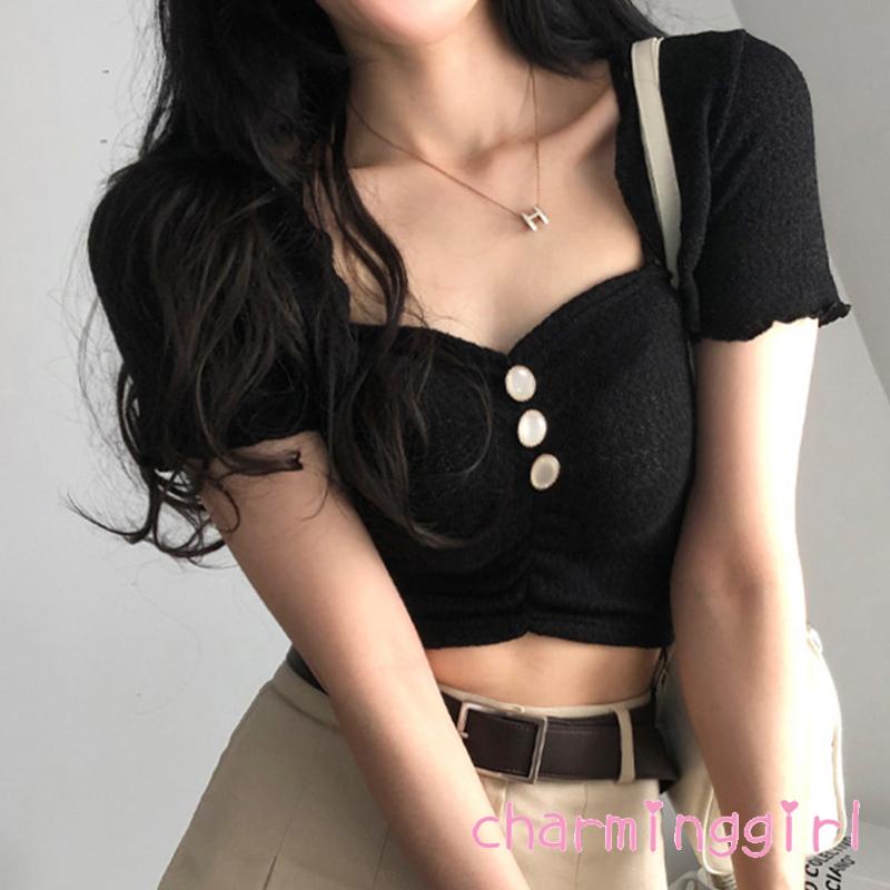 Set Áo Croptop Hai Dây + Áo Khoác Tay Ngắn Màu Trơn Phối Nút Thời Trang Cho Nữ