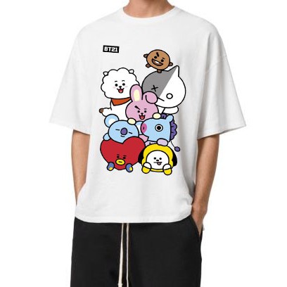 BST áo thun unisex BTS BT21 form rộng mùa hè thời trang phong cách Hàn Quốc cotton vải dày mịn