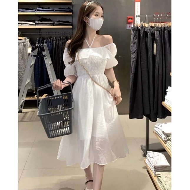 ĐẦM TRẮNG BO CHUN BẸT VAI BÈO NGỰC MIDI