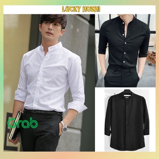 Áo sơ mi nam cổ tàu cổ trụ trắng đen chuẩn form Hàn Quốc tay dài vải lụa mềm mịn SMD06