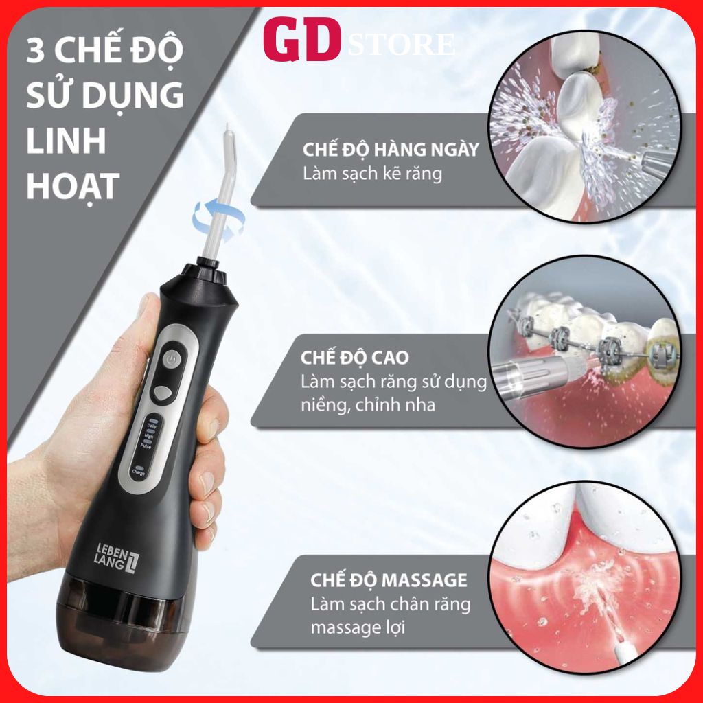 Máy tăm nước cầm tay,tăm nước mini LEBENLANG LBT1486S 3 chế độ 5 đầu tăm tặng kèm túi vải bảo hành 24 tháng