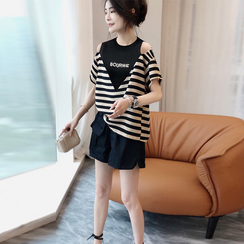 Áo Dệt Kim Tay Ngắn Hở Vai Dáng Rộng Họa Tiết Kẻ Sọc Thời Trang Mùa Hè Mới