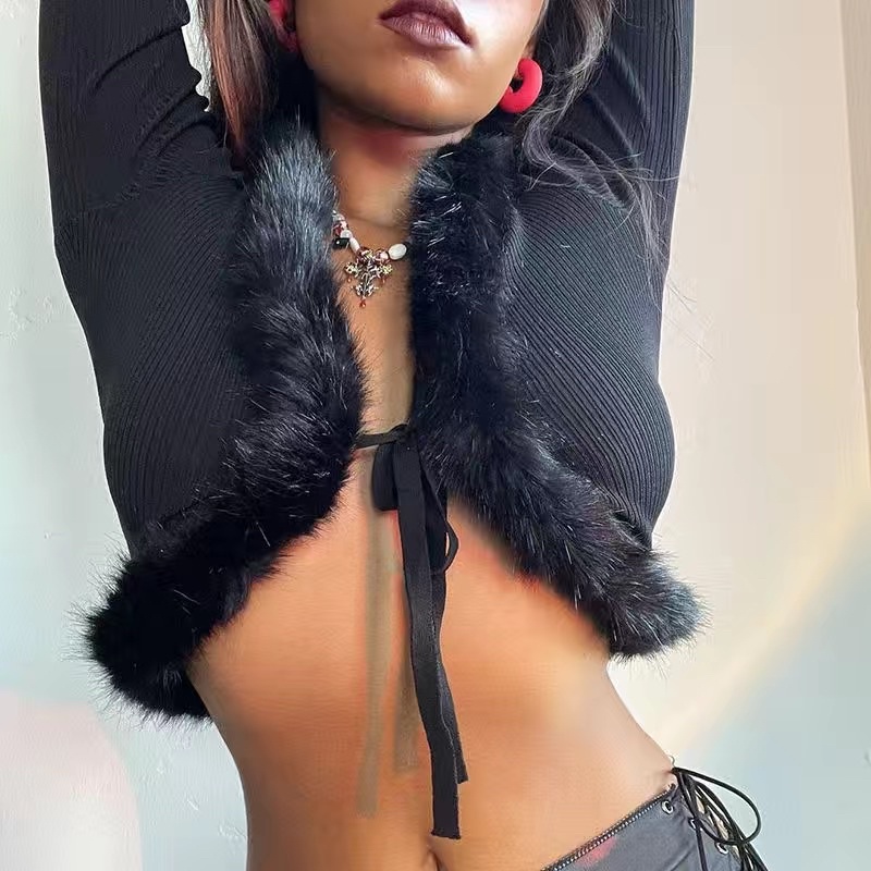 Áo khoác croptop vải thun gân viền lông hàng taobao