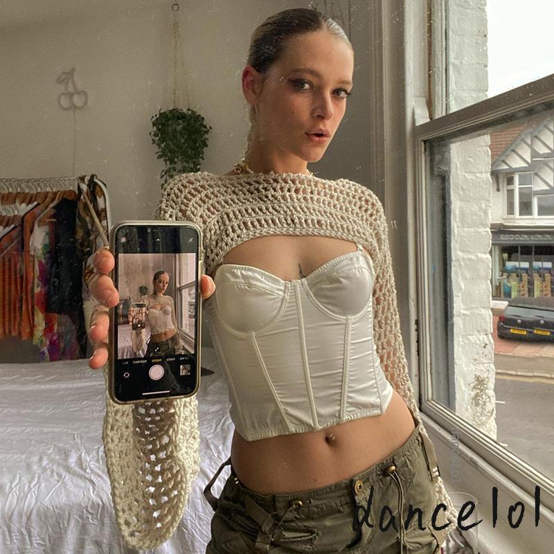 Áo Dệt Kim Khoét Rỗng Phong Cách Vintage Khiêu Vũ1O1-Y2K Cho Nữ