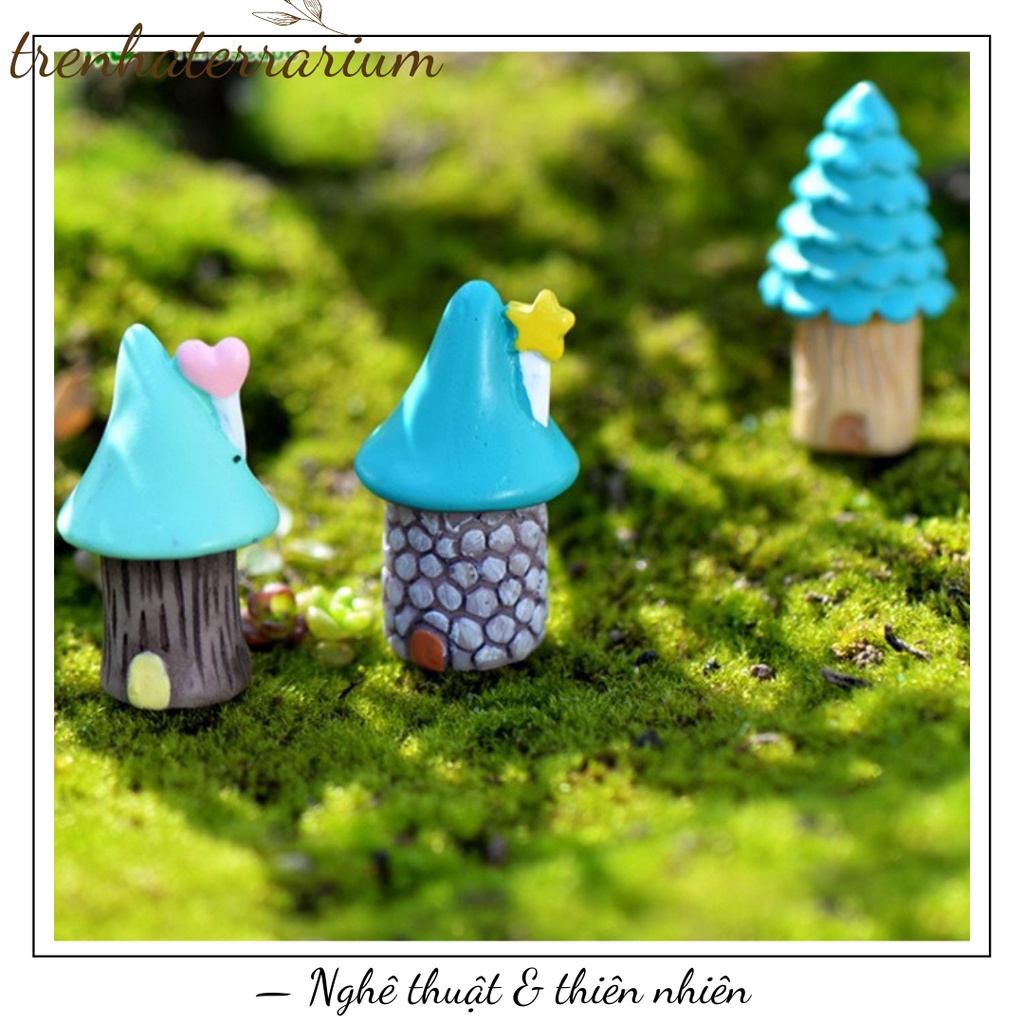 Tiểu cảnh nhà nấm xanh trang trí sen đá, xương rồng, terrarium, charm slime, cây cảnh mini, cây để bàn