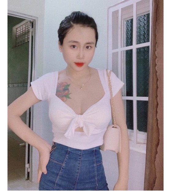 Áo thun body tay ngắn  cột nơ truớc ngực kèm mút ngực