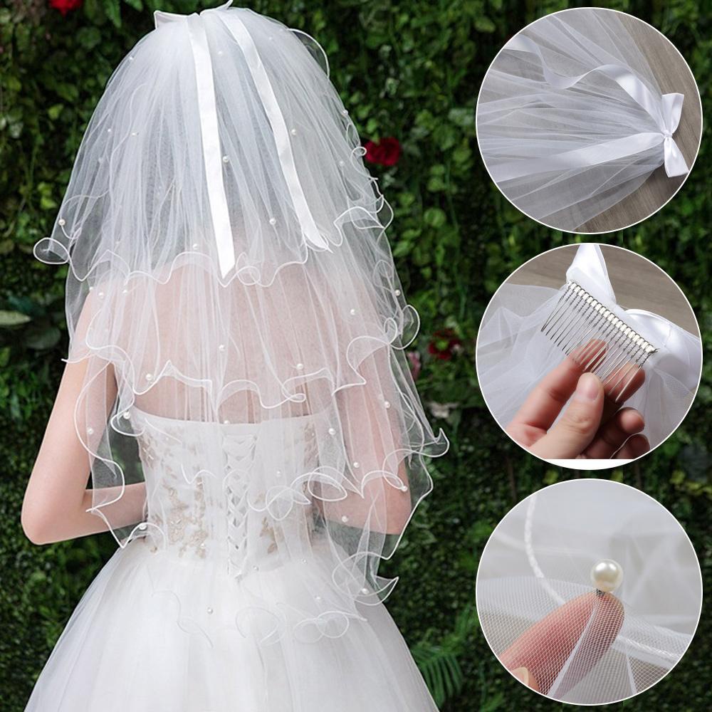 LUOL Mạng Che Mặt Hai Lớp Màu Trắng Ngà Cho Cô Dâu Kèm Lược