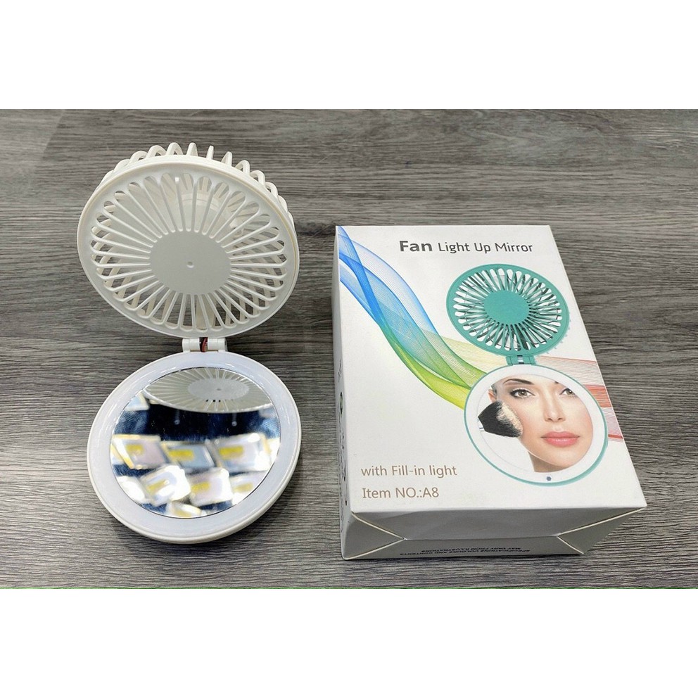 Quạt Tích Điện A8 Mini Để Bàn Kèm Gương + Đèn Selfile Xoay 180 Độ Tiện Lợi | BigBuy360 - bigbuy360.vn