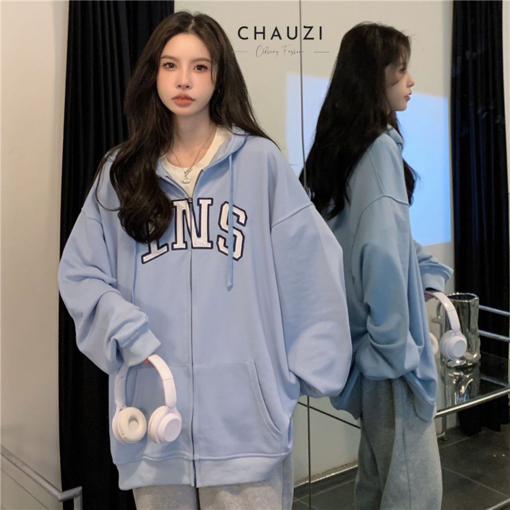 Áo Hoodie Nữ Dài Tay CHAUZI Áo Khoác Nữ Form Rộng Unisex Thêu INS Có Khóa Kéo Trước Ngực Tiện Lợi Kiểu Hàn Quốc AN341