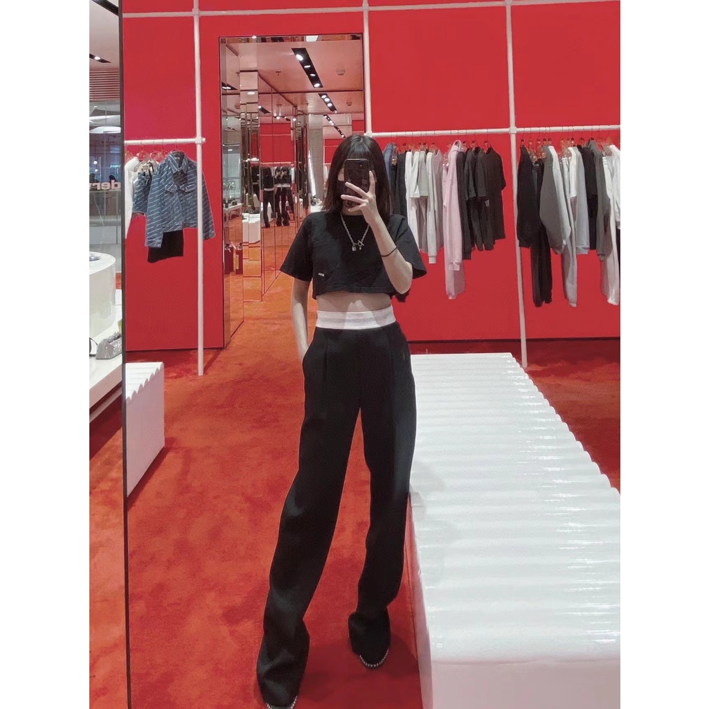 SFLZ 2022 early autumn new Alexander Wang waist elastic letter logo loose casual straight pants for women 2022