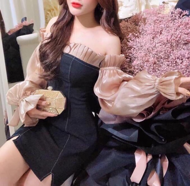 [HOT] Váy body trễ vai tay bồng chất lụa bóng siêu xinh | WebRaoVat - webraovat.net.vn
