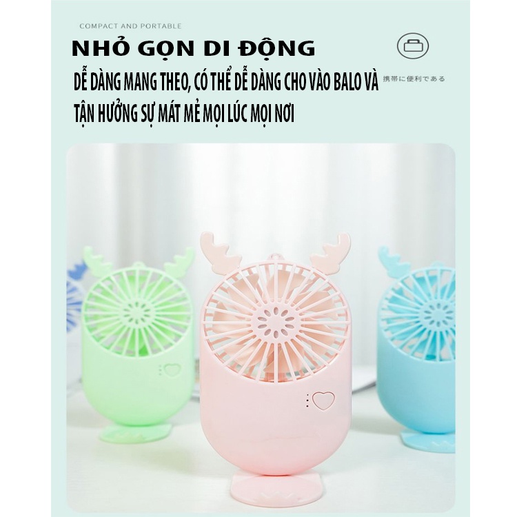 Quạt mini tích điện ⚡MÁT LẠNH⚡quạt cầm tay mini sừng hươu 3 tốc độ cổng sạc USB nhiều màu sắc dễ thương