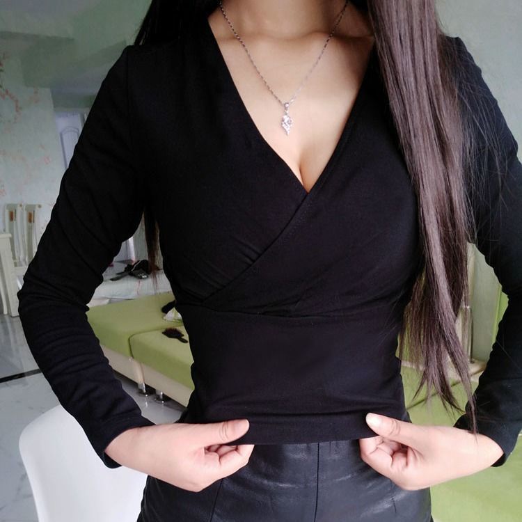 Áo thun dài tay cổ tim khoét ngực hở rốn phong cách xuân thu dành cho nữ | BigBuy360 - bigbuy360.vn