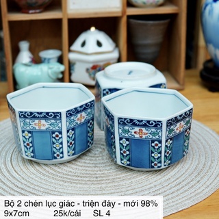 Bộ 2 chén/chậu lục giác men ngũ sắc - gốm sứ nhật bản