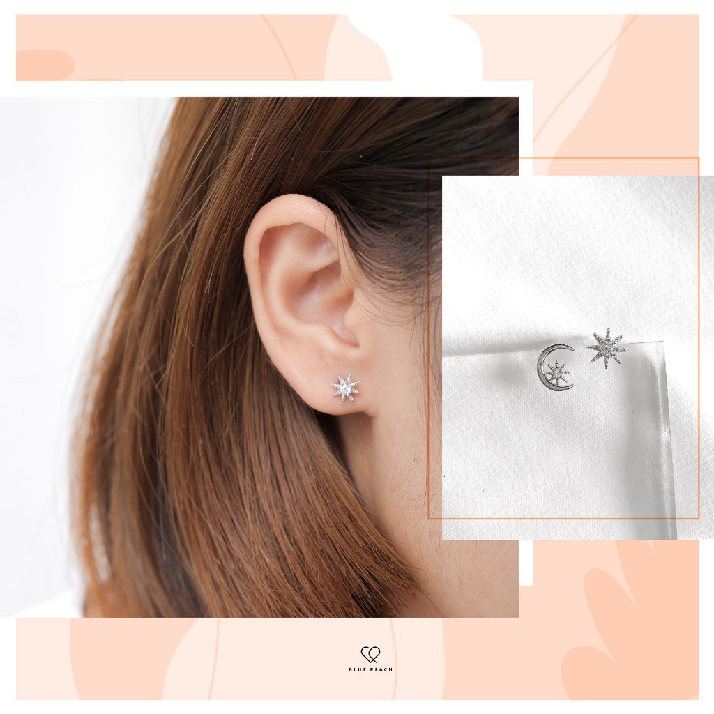 Khuyên Tai Bạc Blue Peach Bling Moon KT336