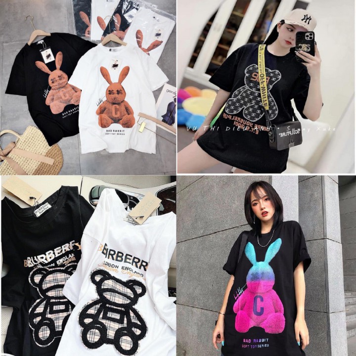 Áo Phông Nữ Form Rộng Dáng Unisex, Áo Thun Tay Lỡ Freesize Chất Cotton Co Dãn 4 Chiều Hình Gấu