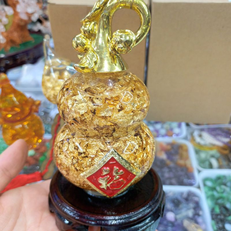 Bầu hồ lô đá  pha lê lưu ly nước ngải dát lá vàng cầu sưc khoe,tài lộc, may mắn
