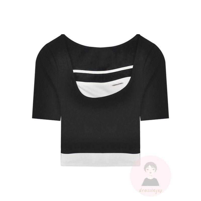 Áo Thun Tay Ngắn Cổ Chữ U Màu Trắng/Đen Cho Nữ