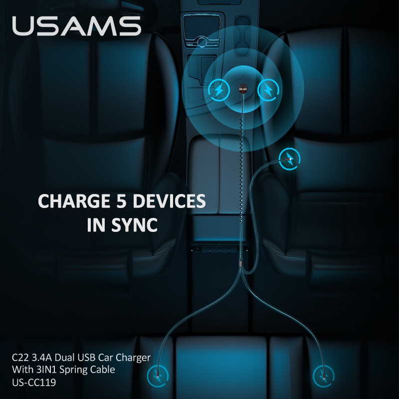 Cốc Sạc Trên Xe Hơi USAMS C22 3 Trong 1 3.4A Cho IPHONE OPPO SAMSUNG HUAWEI VIVO XIAOMI