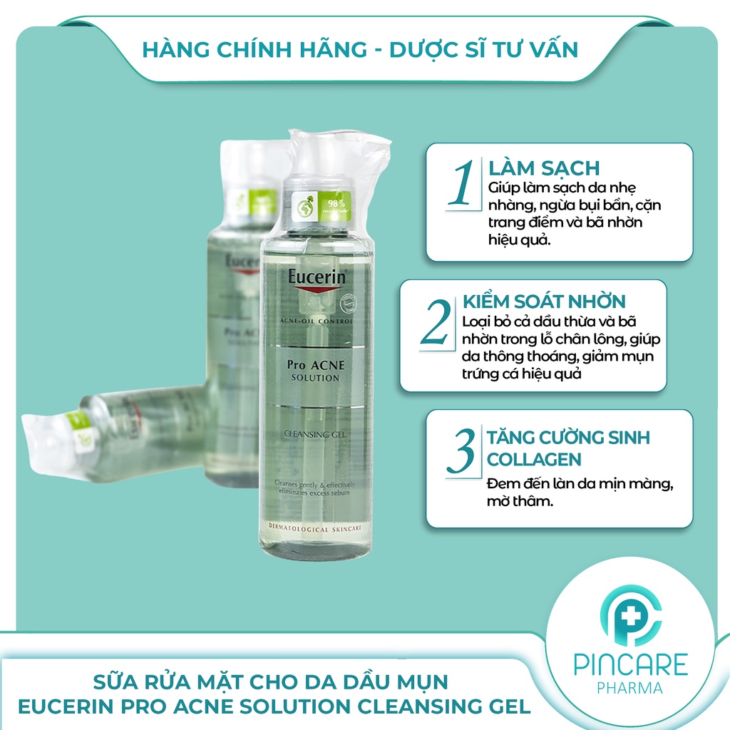Sữa rửa mặt cho da dầu mụn Eucerin Pro ACNE Solution Cleansing Gel 200ml - Hàng chính hãng - Nhà thuốc PinCare