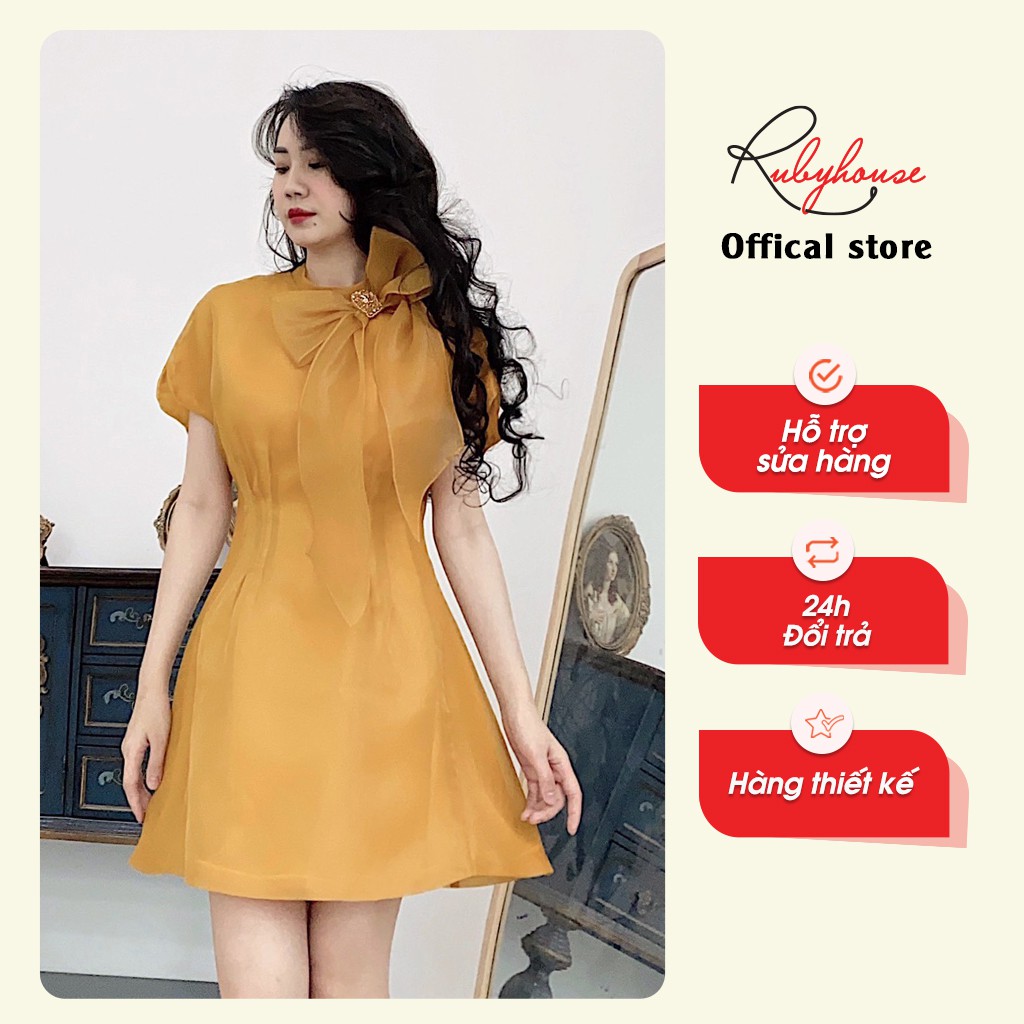 Váy Tơ Dáng Xòe Cổ Nơ Đính Cườm RUBY HOUSE - Váy Chất Organza, Tay Chờm Che Bắp Tay 2968-3