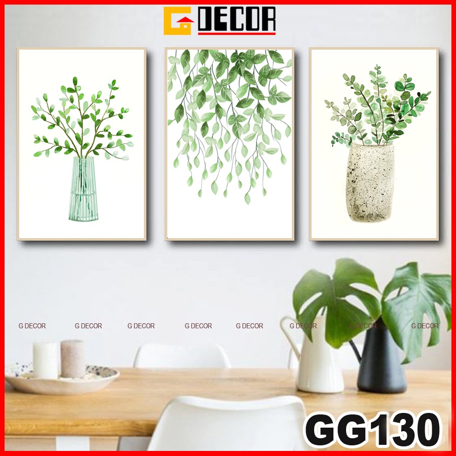 Tranh treo tường canvas khung gỗ 3 bức phong cách hiện đại Bắc Âu tranh lá cây trang trí phòng khách phòng ngủ spa 130