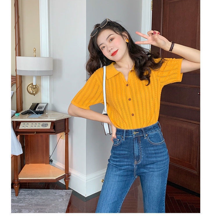 Áo Sweater Lụa Lạnh Cổ Polo Dáng Rộng Ngắn Tay Thời Trang Mùa Hè Dành Cho Nữ 2021