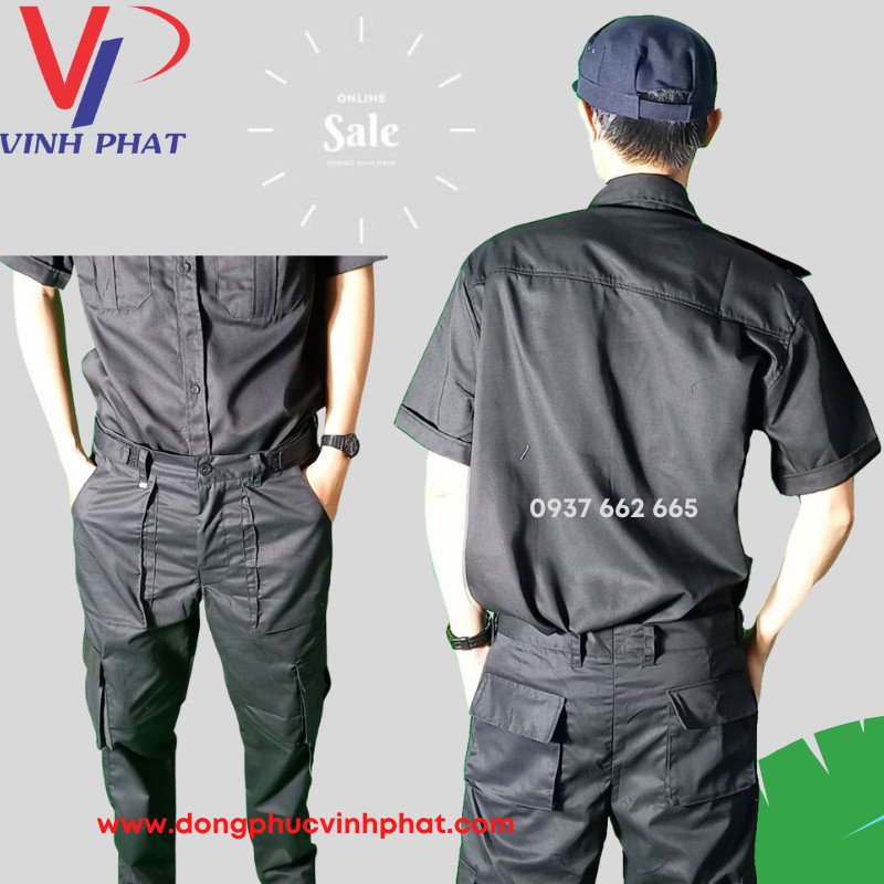 Trọn Bộ Đồng Phục Bảo Vệ, Vệ Sĩ Màu Đen Túi Hộp Tay Ngắn Đẹp Bao Gồm Phụ Kiện Nón, Cầu Vai, Ve Áo, Cà Vạt - Hình thật