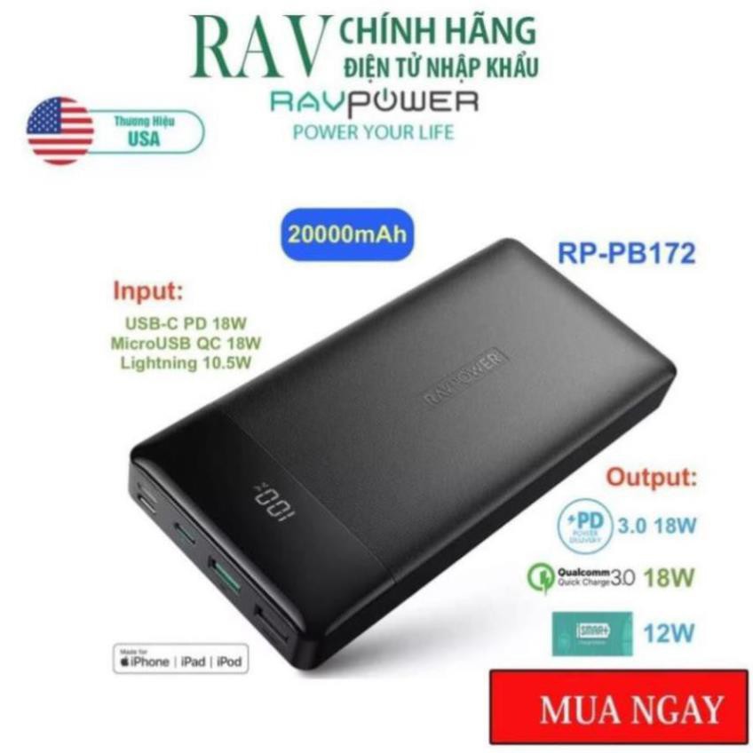 Pin sạc dự phòng RavPower RP-PB172 20000mAh, PD 3.0 18W & QC 3.0 18W- THƯƠNG HIỆU USA- HÀNG CHÍNH HÃNG