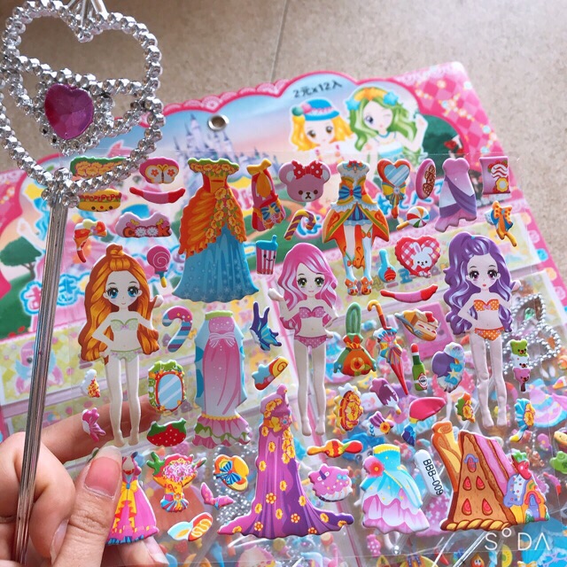 Sỉ vỉ dán sticker nổi kèm gậy phép thuật công chúa ( vỉ 12 bộ)
