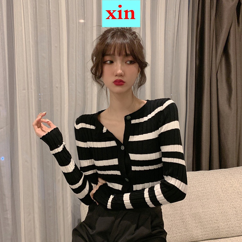 Áo khoác cardigan mỏng tay dài kẻ sọc trắng đen phong cách quyến rũ cho nữ 2021