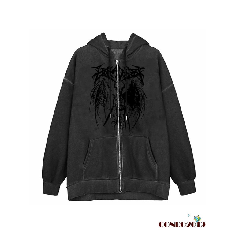 Hgm- Áo Hoodie Tay Dài Dáng Rộng In Hình Quỷ Có Dây Kéo Cho Nữ