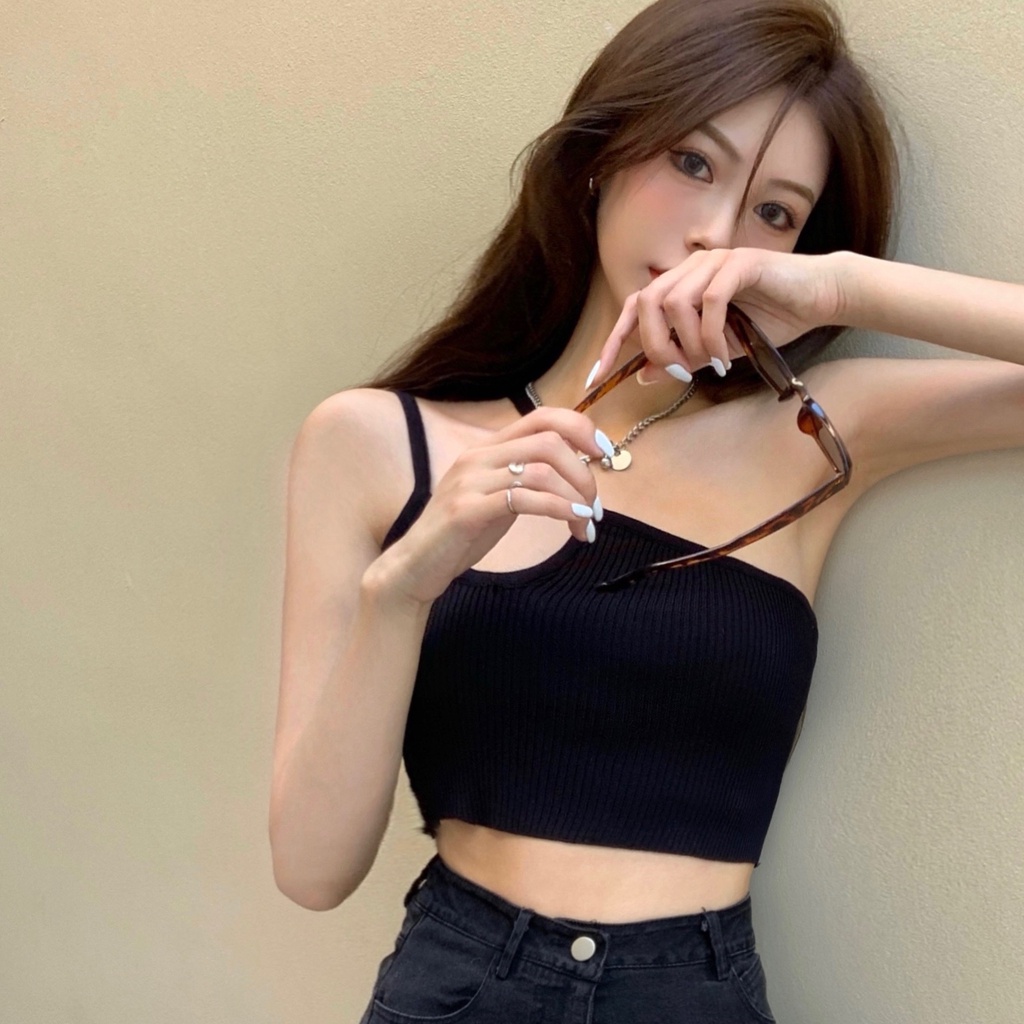 Áo Hai Dây Dệt Kim Dáng Ngắn Màu Xanh Lá Thời Trang Mùa Hè Cho Nữ