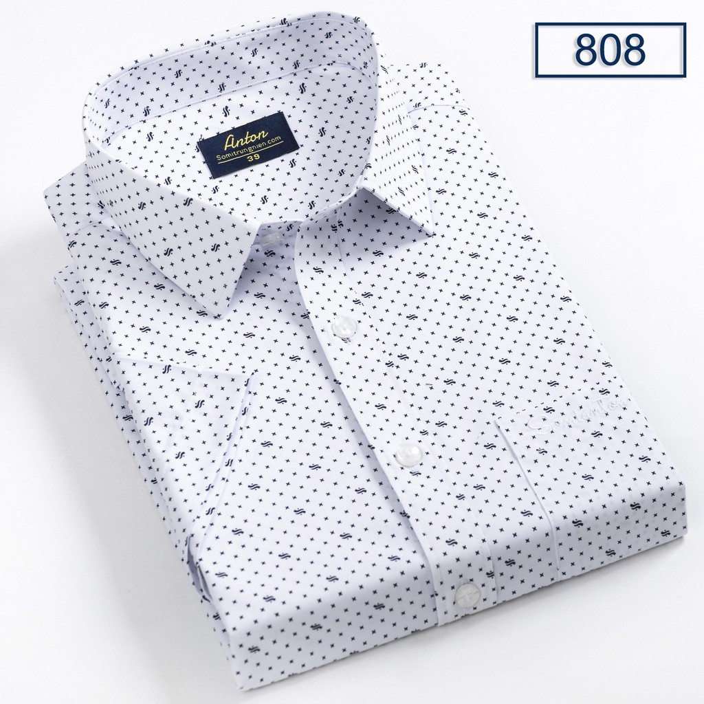 Áo Sơ Mi Nam Công Sở Trung Niên Ngắn Tay Vải Cotton Họa Tiết Chấm Bi Nhỏ Màu Trắng Anton - 808 - Hàng mớ