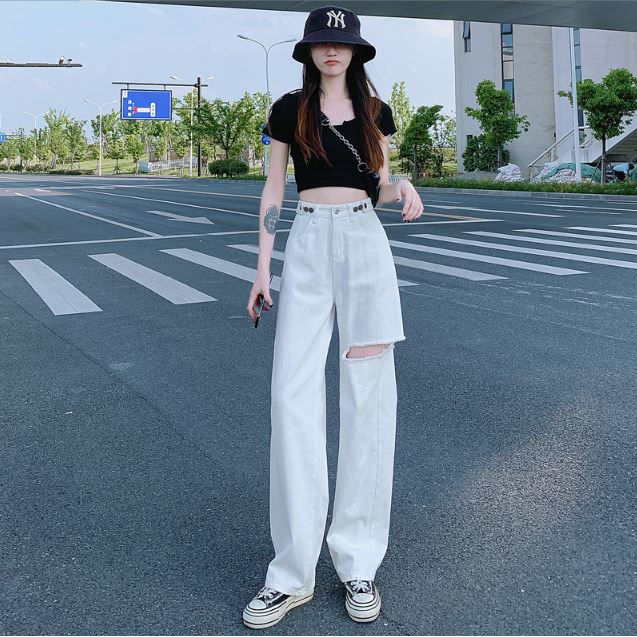 Quần Jean Nữ Ống Rộng Rách Gối  Dáng Xuông Vải Bò Basic Cực Hách Dáng Phong Cách Ulzzang đủ size S M L QX3