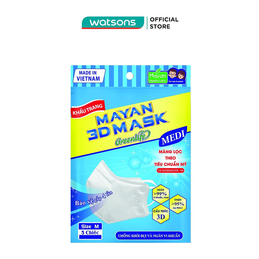 Khẩu Trang Mayan 3D Mask Pm2.5 Medi Freesize Màng Lọc N95 5 Chiếc (Màu Ngẫu Nhiên)