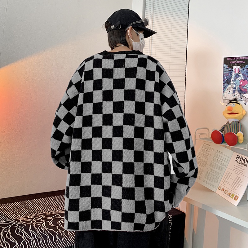 Áo sweater dệt kim dáng rộng in họa tiết bàn cờ thời trang đường phố Mỹ cổ điển giản dị cho nam