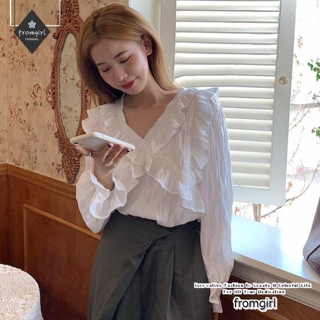 Áo Sơ Mi Tay Dài Cổ Chữ V Dáng Rộng Xếp Ly Thời Trang Mùa Thu Hàn Quốc Mới