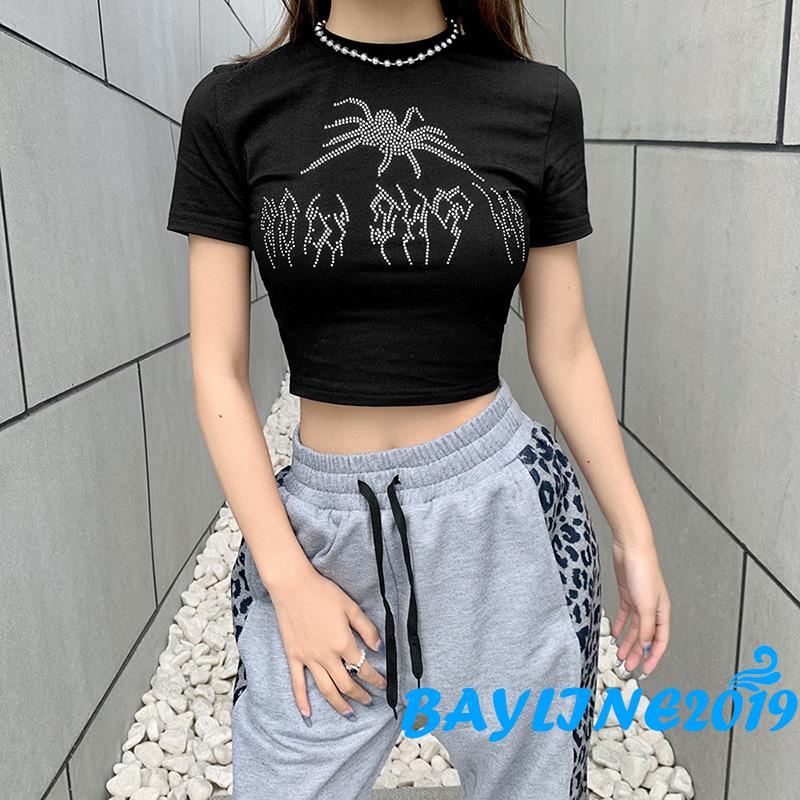 Áo Thun Ngắn Tay Dáng Ôm Hở Rốn Họa Tiết Nhện Đính Đá Thời Trang Cho Nữ