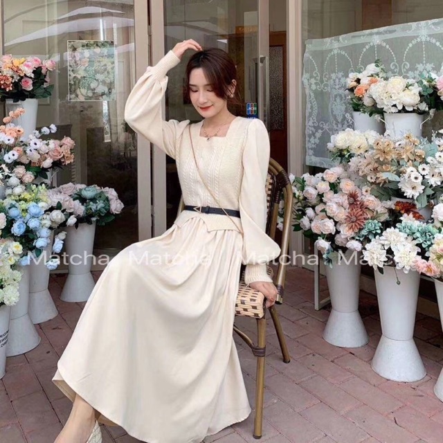 Ảnh thật - váy pha len kèm belt da