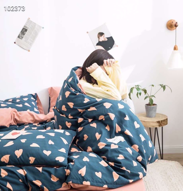 Bộ chăn ga Cotton hoạt tính - Mẫu tim xanh.