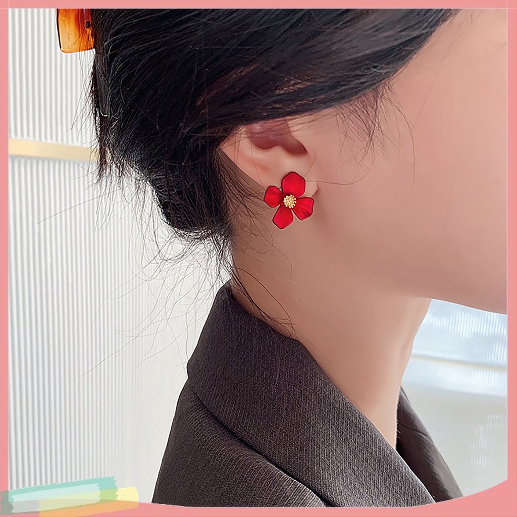 1 Đôi Bông Tai Hình Hoa Bốn Cánh Màu Đỏ Ngọt Ngào Dành Cho Nữ