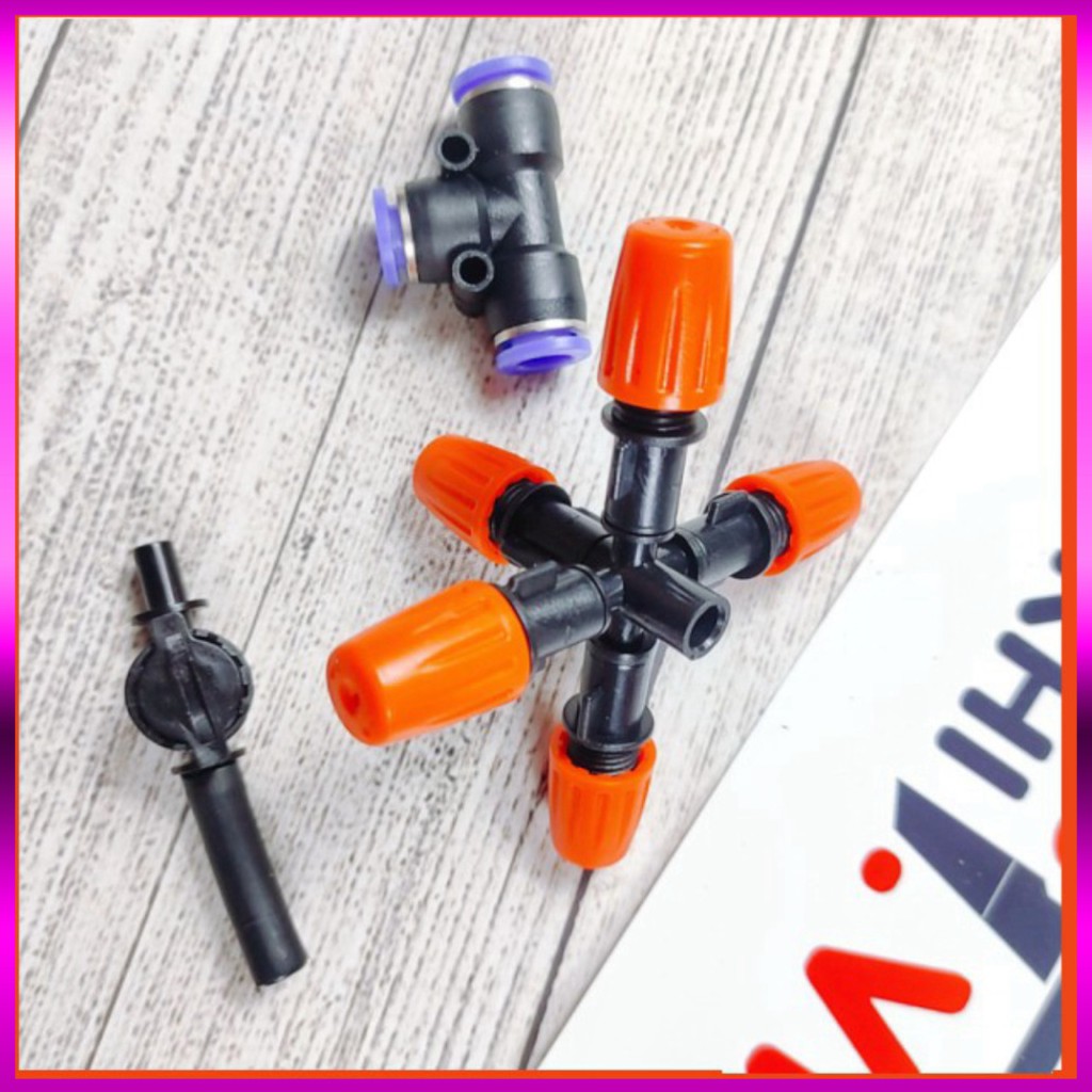 10m dây + 3 Béc phun sương 5 tia nhựa, có chống nhỏ giọt và kết nối nhanh 8mm, dùng tưới cây, tưới lan